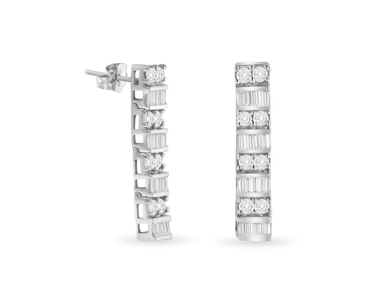 14K White Gold 1 1/3 Cttw Round And Baguette Cut Diamond Earrings - White