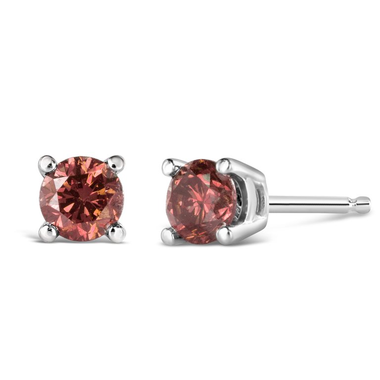 14K White Gold 1/2 Cttw 4-Prong Set Round Brilliant-Cut Pink Diamond Solitaire Stud Earrings - Treated Pink Color, VS2-SI1 Clarity - White