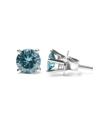 14K White Gold 1/2 Cttw Aqua Blue Diamond Screw-Back 4-Prong Classic Stud Earrings (Color Treated, I2-I3)