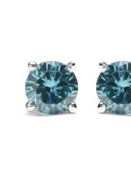 14K White Gold 1/2 Cttw Aqua Blue Diamond Screw-Back 4-Prong Classic Stud Earrings (Color Treated, I2-I3) - White Gold