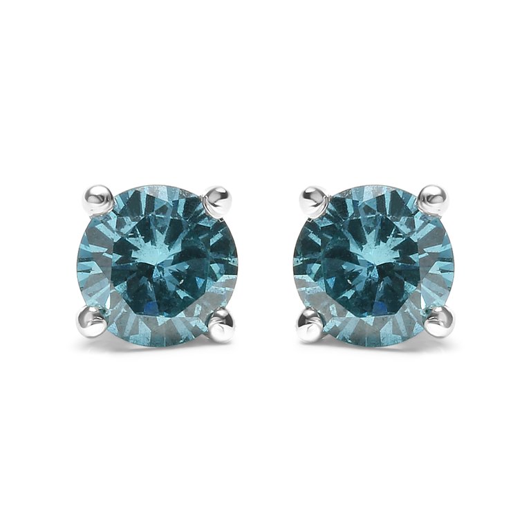 14K White Gold 1/2 Cttw Aqua Blue Diamond Screw-Back 4-Prong Classic Stud Earrings (Color Treated, I2-I3) - White Gold