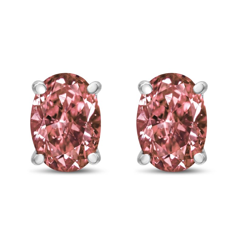 14K White Gold 1/2 Cttw Lab Grown Pink Oval 4 Prong Set Classic Diamond Solitaire Stud Earrings - Pink Color, VS2-SI1 Clarity