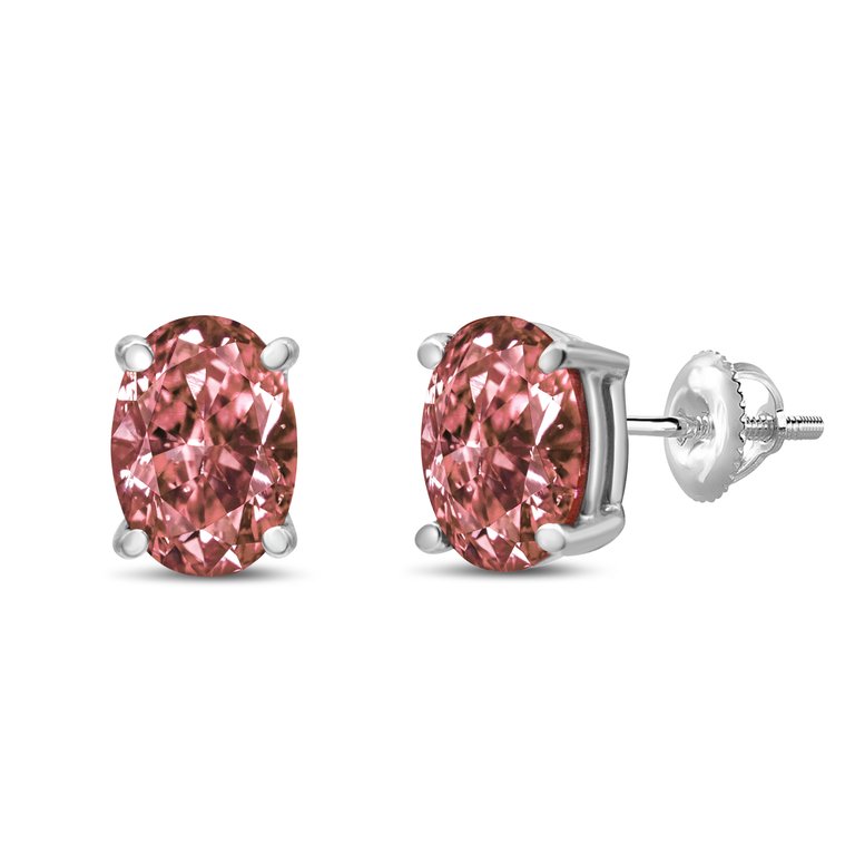 14K White Gold 1/2 Cttw Lab Grown Pink Oval 4 Prong Set Classic Diamond Solitaire Stud Earrings - Pink Color, VS2-SI1 Clarity - White Gold
