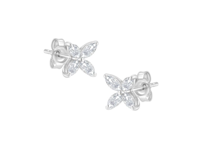 14K White Gold 1/2 Cttw Marquise Diamond 8 Stone Floral Leaf Stud Earrings - 14K White Gold