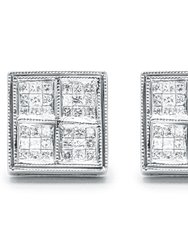 14K White Gold 1/2 Cttw Princess Diamond Composite Box Shape Milgrain Stud Earrings - H-I Color, SI1-SI2 Clarity
