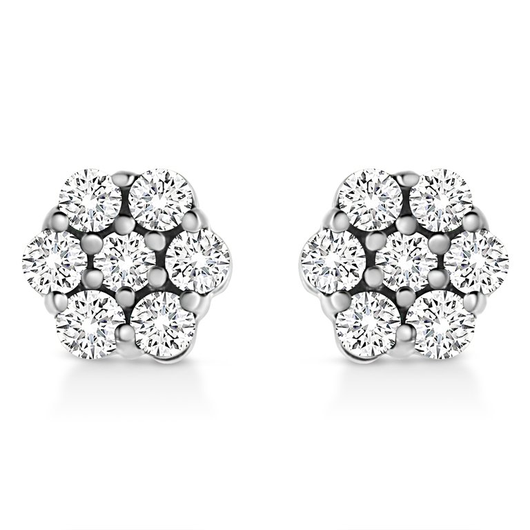 14K White Gold 1/2 Cttw Prong Set Round-Cut Diamond Flower Stud Earring - H-I Color, I1-I2 Clarity - White Gold