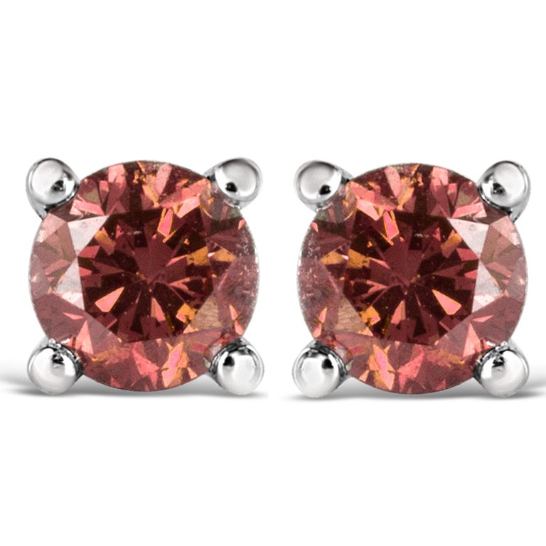 14K White Gold 1/3 Cttw 4-Prong Set Round Brilliant-Cut Pink Diamond Solitaire Stud Earrings - Treated Pink Color, VS2-SI1 Clarity