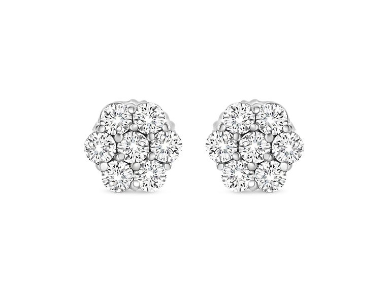 14k White Gold 1/3 Cttw Floral Cluster Diamond Stud Earrings With Screw Backs - White