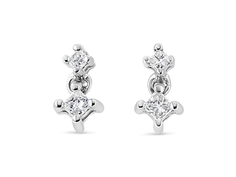 14K White Gold 1/4 Cttw 4 Prong Set Princess-Cut Double Diamond Drop and Dangle Stud Earrings - White