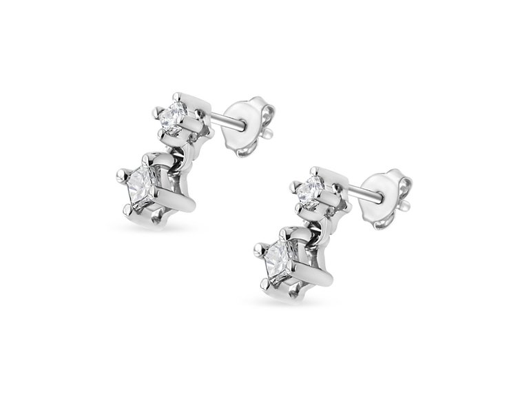 14K White Gold 1/4 Cttw 4 Prong Set Princess-Cut Double Diamond Drop and Dangle Stud Earrings