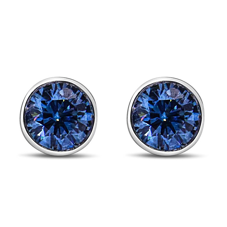 14K White Gold 1.0 Cttw Blue Lab-Grown Diamond Screw-Back Classic Bezel Solitaire Stud Earrings - Blue Color, VS2-SI1 Clarity