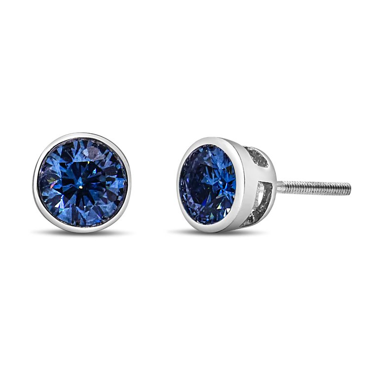 14K White Gold 1.0 Cttw Blue Lab-Grown Diamond Screw-Back Classic Bezel Solitaire Stud Earrings - Blue Color, VS2-SI1 Clarity - White Gold