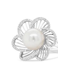 14K White Gold 11mm Round Pearl And 1/3 Cttw Round Diamond Openwork Flower Blossom Ring - H-I Color, VS1-VS2 Clarity - Size 6.50 - White Gold