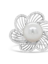 14K White Gold 11mm Round Pearl And 1/3 Cttw Round Diamond Openwork Flower Blossom Ring - H-I Color, VS1-VS2 Clarity - Size 6.50
