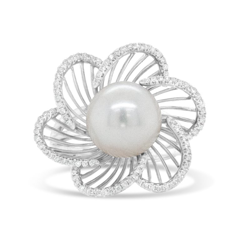 14K White Gold 11mm Round Pearl And 1/3 Cttw Round Diamond Openwork Flower Blossom Ring - H-I Color, VS1-VS2 Clarity - Size 6.50