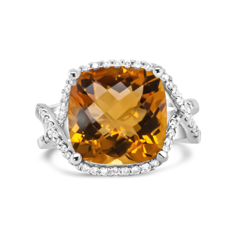 14K White Gold 12mm Cushion Cut Yellow Citrine Gemstone And 1/3 Cttw Round Pave-Set Diamond Ring - H-I Color, VS1-VS2 Clarity - Size 6.5 - White Gold