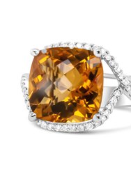 14K White Gold 12mm Cushion Cut Yellow Citrine Gemstone And 1/3 Cttw Round Pave-Set Diamond Ring - H-I Color, VS1-VS2 Clarity - Size 6.5