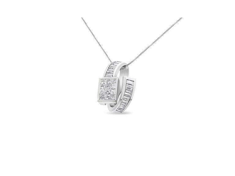 14K White Gold 2 cttw Princess and Baguette Cut Diamond Double Loop Pendant Necklace - White Gold