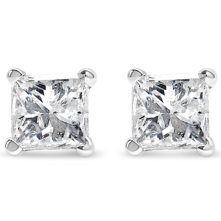 14K White Gold 3/8 Cttw Princess-Cut Square Diamond Classic 4-Prong Solitaire Stud Earrings(H-I, I1-I2)