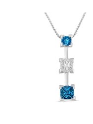 14K White Gold 7/8 cttw Treated Blue and White Princess Cut Diamond Pendant Necklace