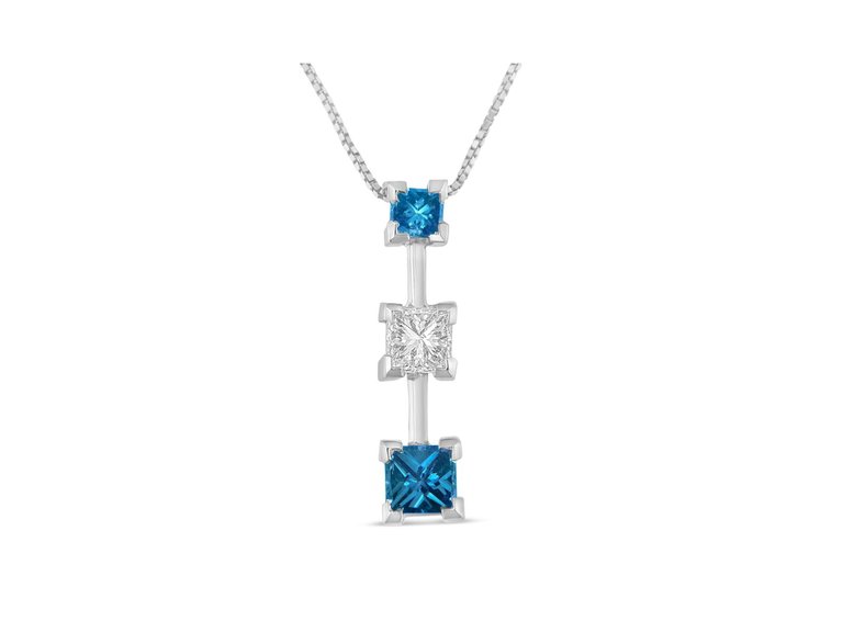 14K White Gold 7/8 cttw Treated Blue and White Princess Cut Diamond Pendant Necklace - White