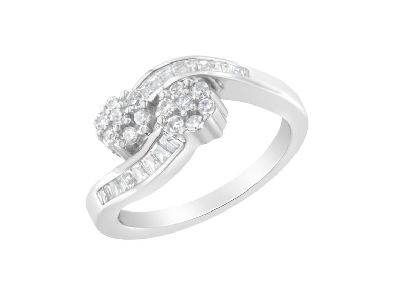 14K White Gold Round and Baguette Diamond Bypass Ring - 14K White Gold