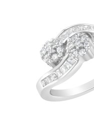 14K White Gold Round and Baguette Diamond Bypass Ring - 14K White Gold