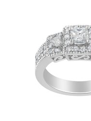 14K White Gold Round and Princess-Cut Diamond Three Stone Ring - White