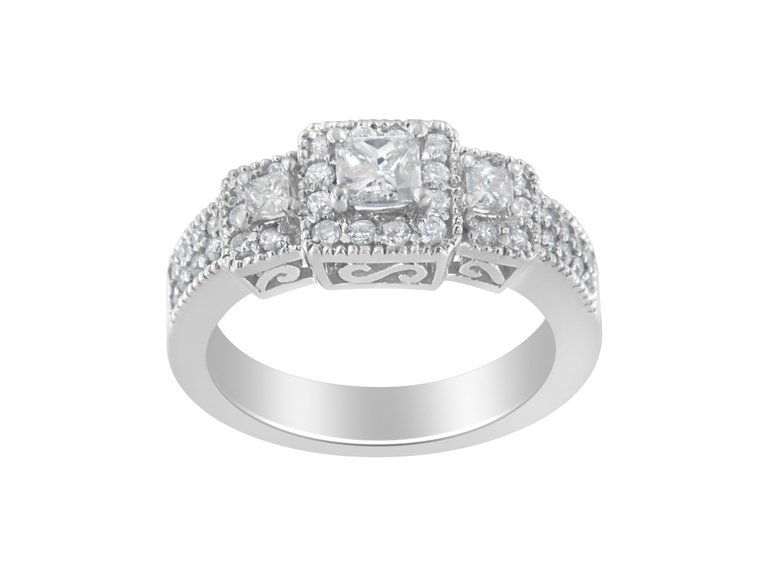 14K White Gold Round and Princess-Cut Diamond Three Stone Ring - White