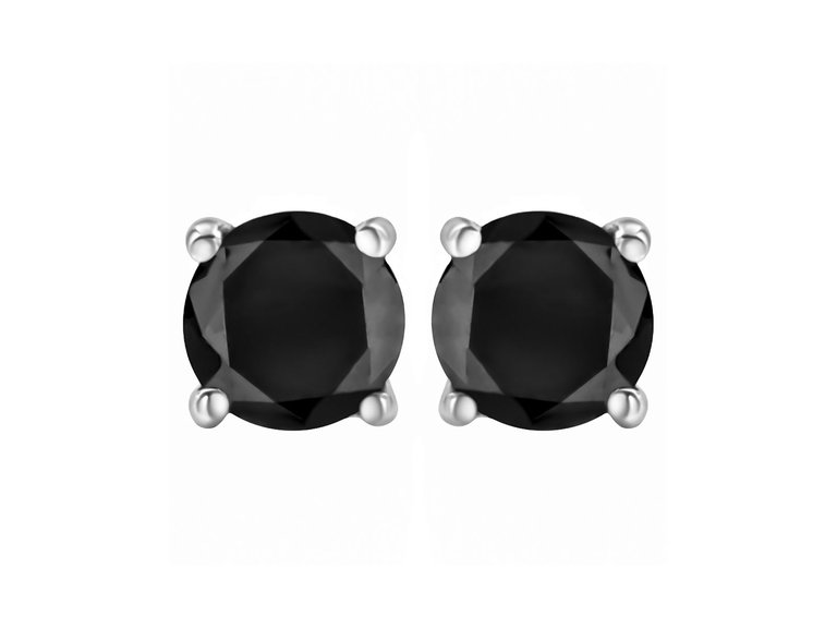 14K White Gold Round Brilliant-Cut Black Diamond Bezel-Set Stud Earrings with Screw Backs