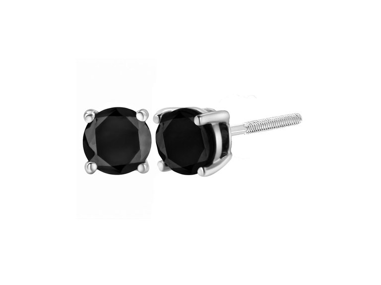 14K White Gold Round Brilliant-Cut Black Diamond Bezel-Set Stud Earrings with Screw Backs - White