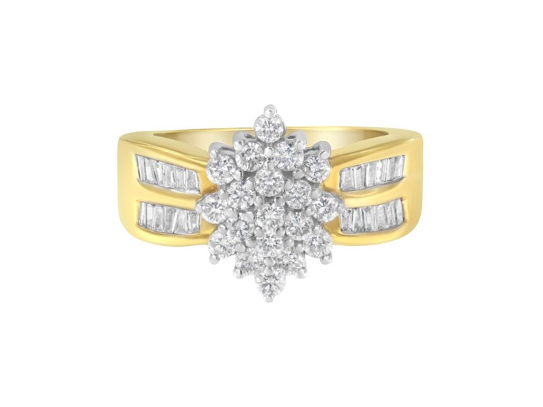 14K Yellow Gold 1.0 Cttw Round & Baguette Cut Diamond Floral Cluster Double-Channel Flared Band Cocktail Statement Ring - Yellow