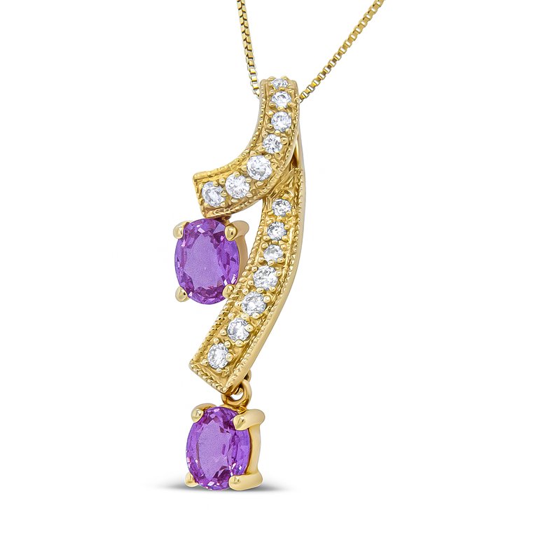 14K Yellow Gold 6x4mm Oval Pink Sapphire and 1/5 Cttw Round Diamond Pendant Necklace - H-I Color, SI1-SI2 Clarity