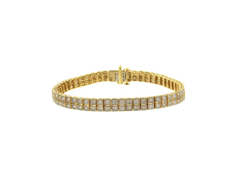 14K Yellow Gold over .925 Sterling Silver 3.0 Cttw Diamond Double Row Square Milgrain Link 7” Tennis Bracelet - Yellow Gold