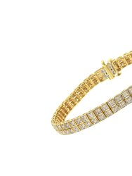 14K Yellow Gold over .925 Sterling Silver 3.0 Cttw Diamond Double Row Square Milgrain Link 7” Tennis Bracelet