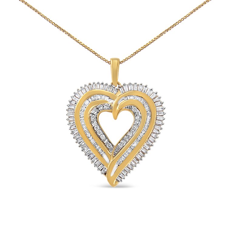 14K Yellow Gold Plated .925 Sterling Silver 1 1/2 Cttw Baguette Diamond Composite Heart 18" Pendant Necklace - I-J Color, I1-12 Clarity - Sterling Silver