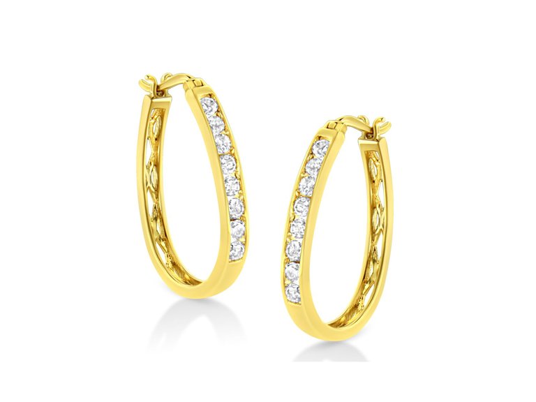 14K Yellow Gold Plated .925 Sterling Silver 1/4 Cttw Diamond Leverback 3/4" Inch Hoop Earrings - Yellow Gold