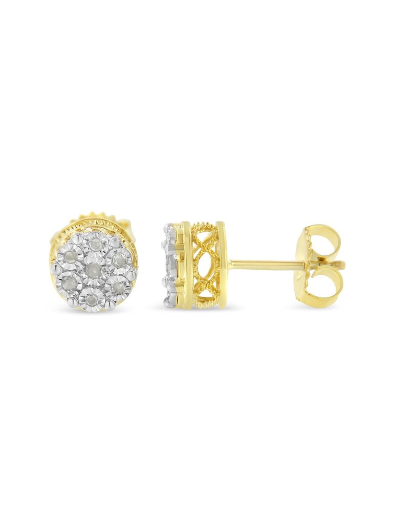 14K Yellow Gold Plated .925 Sterling Silver 1/7 Cttw Diamond Miracle Set Stud Earrings