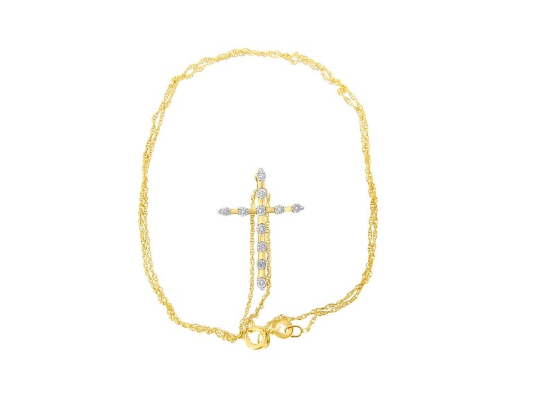 14k Yellow Gold Plated .925 Sterling Silver Miracle Set Diamond Accent Cross 18" Pendant Necklace