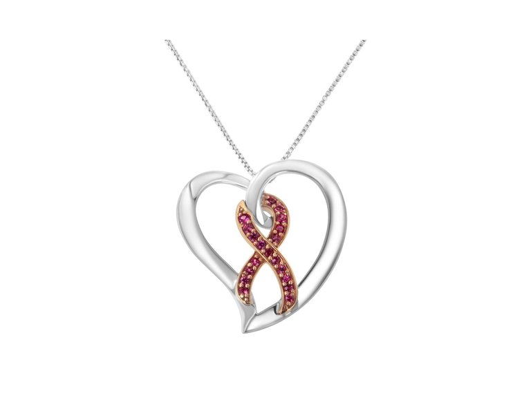14kt Rose Gold And Sterling Silver Heart Pendant Necklace With Created Pink Sapphires - White/ Rose