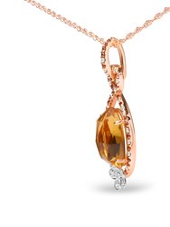 18K Rose Gold 1/5 Cttw Diamond, Oval Yellow Citrine and Round Orange Sapphire Gemstone Openwork Halo Teardrop with Flower Design 18" Pendant Necklace