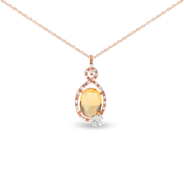 18K Rose Gold 1/5 Cttw Diamond, Oval Yellow Citrine and Round Orange Sapphire Gemstone Openwork Halo Teardrop with Flower Design 18" Pendant Necklace - Gold
