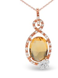 18K Rose Gold 1/5 Cttw Diamond, Oval Yellow Citrine and Round Orange Sapphire Gemstone Openwork Halo Teardrop with Flower Design 18" Pendant Necklace