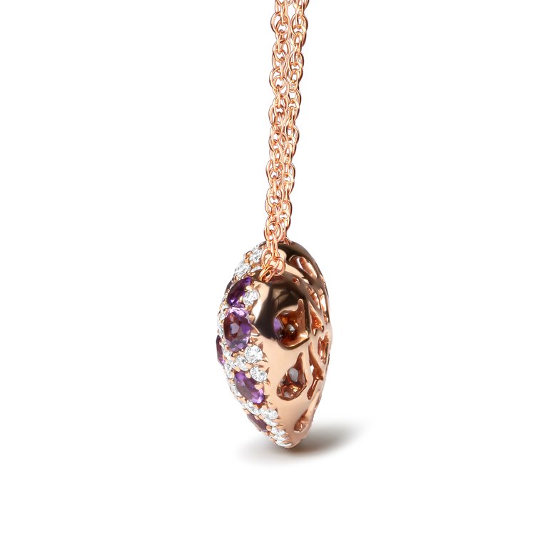 18K Rose Gold 3/4 Cttw Diamond And Purple Amethyst Cluster Heart Shape 18" Pendant Necklace (G-H Color, SI1-SI2 Clarity)