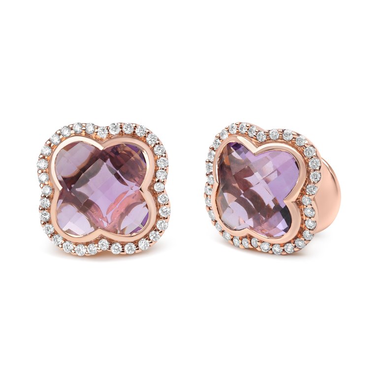18K Rose Gold 3/8 Cttw Diamond and 11x11mm Clover-Cut Purple Amethyst Gemstone Clover Halo Stud Earrings (G-H Color, SI1-SI2 Clarity)