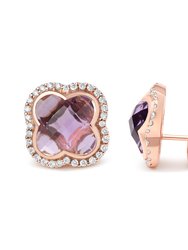 18K Rose Gold 3/8 Cttw Diamond and 11x11mm Clover-Cut Purple Amethyst Gemstone Clover Halo Stud Earrings (G-H Color, SI1-SI2 Clarity)