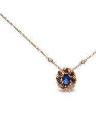 18K Rose Gold 5/8 Ct. White, Brown Diamond Accent Oval Blue Sapphire Gemstone Statement Halo Cluster Pendant Necklace Brown G-H Color, SI1-SI2 Clarity
