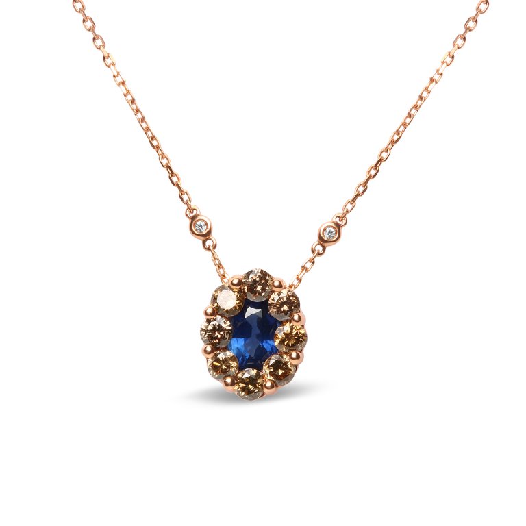 18K Rose Gold 5/8 Ct. White, Brown Diamond Accent Oval Blue Sapphire Gemstone Statement Halo Cluster Pendant Necklace Brown G-H Color, SI1-SI2 Clarity - Gold