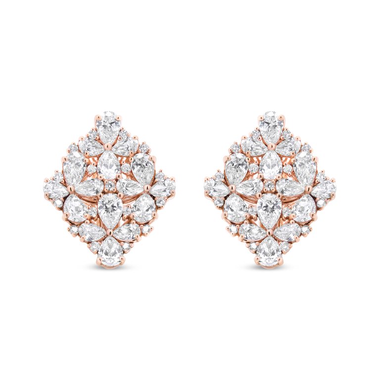 18K Rose Gold 8 1/3 Cttw Pear And Round Diamond Floral Cluster Omega Earrings (F-G Color, VS1-VS2 Clarity) - Gold