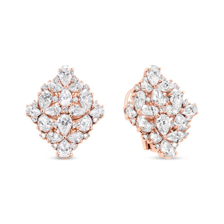 18K Rose Gold 8 1/3 Cttw Pear And Round Diamond Floral Cluster Omega Earrings (F-G Color, VS1-VS2 Clarity)